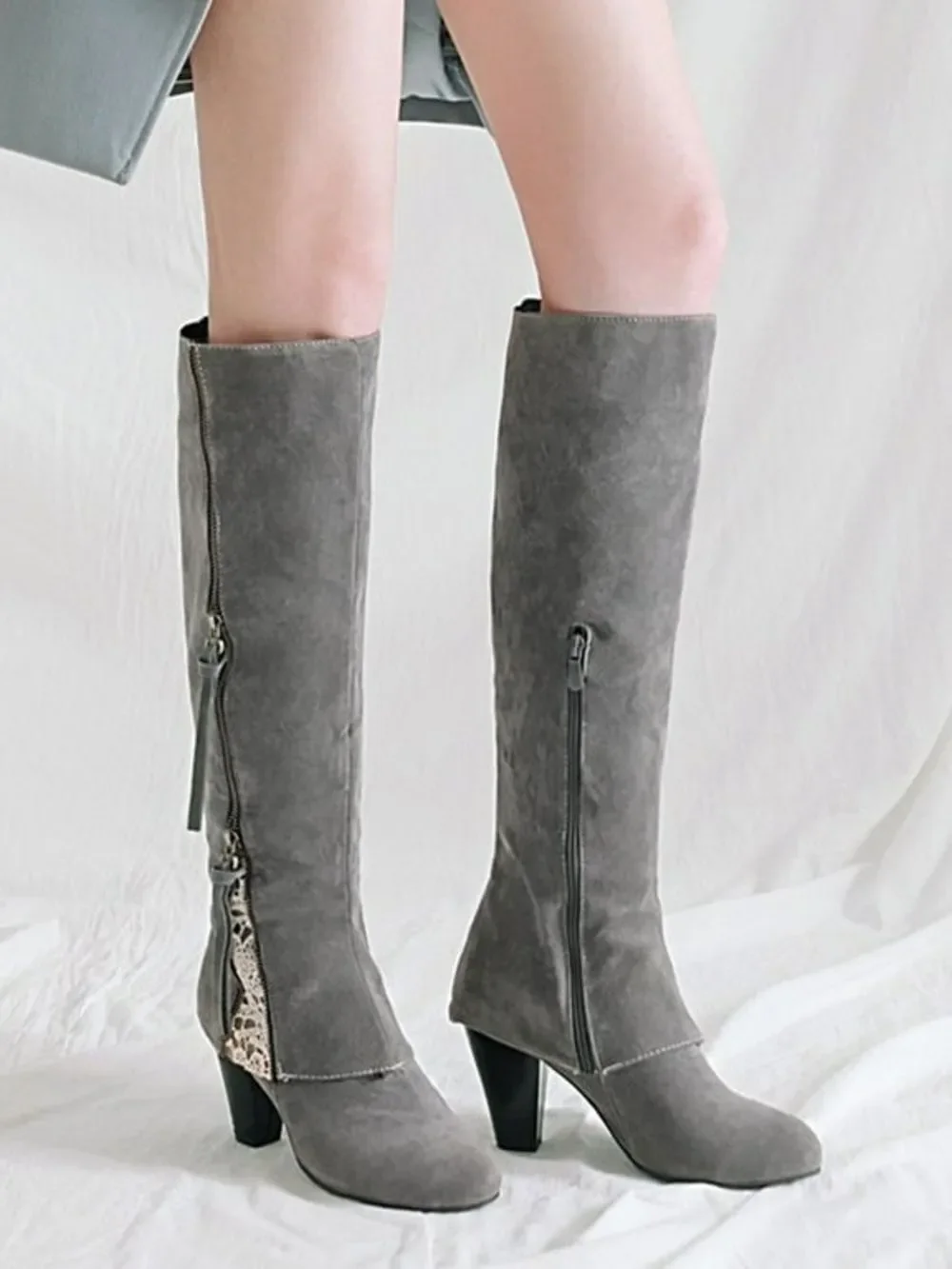Over-the-Knee Gray Block Heel Boots with Snake-Print Heel Accent